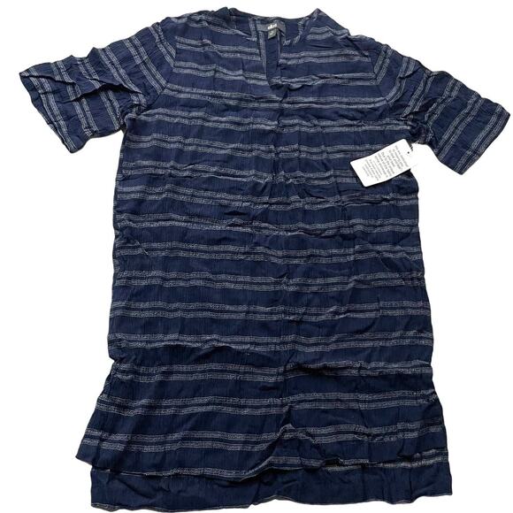 Ellos Dress Women 10 Blue Stripe V Neck Tunic Shift Side Slit - Picture 1 of 8